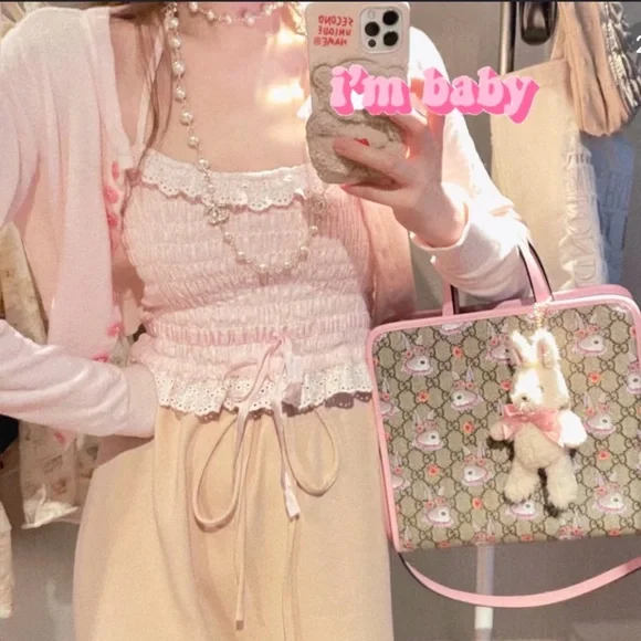 Pastel Pink Japanese Kawaii Style Cottage Lace Ruffle Ribbon Halter Crop Top